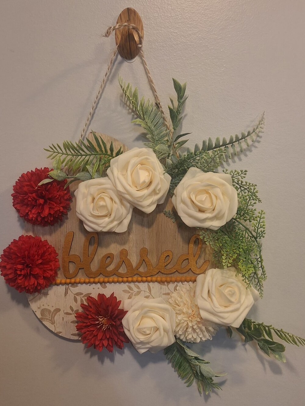 "Blessed" Floral Wall Hanging - Cream & Red Home Accent